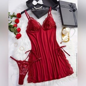 Lace Lingerie,V Knot Split Slip & Thong Set-Cranberry